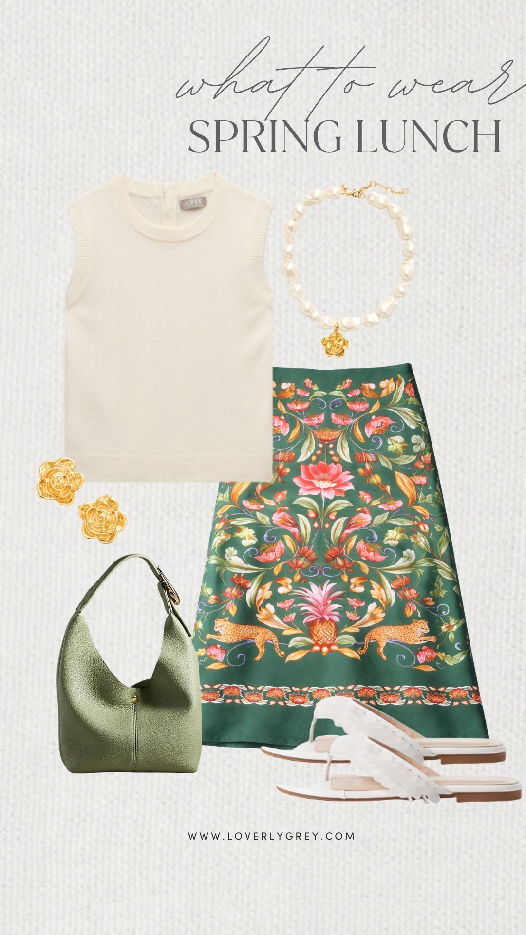Loverly Grey, what to wear for a spring lunch! A fun patterned skirt paired with a simple J.Crew top! Style the look with a green purse, fun statement necklace, and cute sandals with seashell details! Loverly Grey, what to wear, spring lunch 

#LTKdayinmylife #LTKootd #LTKgrwm