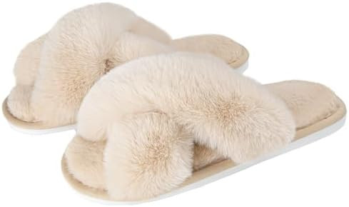 Metog Women's Fuzzy Cross Band Indoor/Outdoor Soft Open Toe Slippers | Amazon (US)