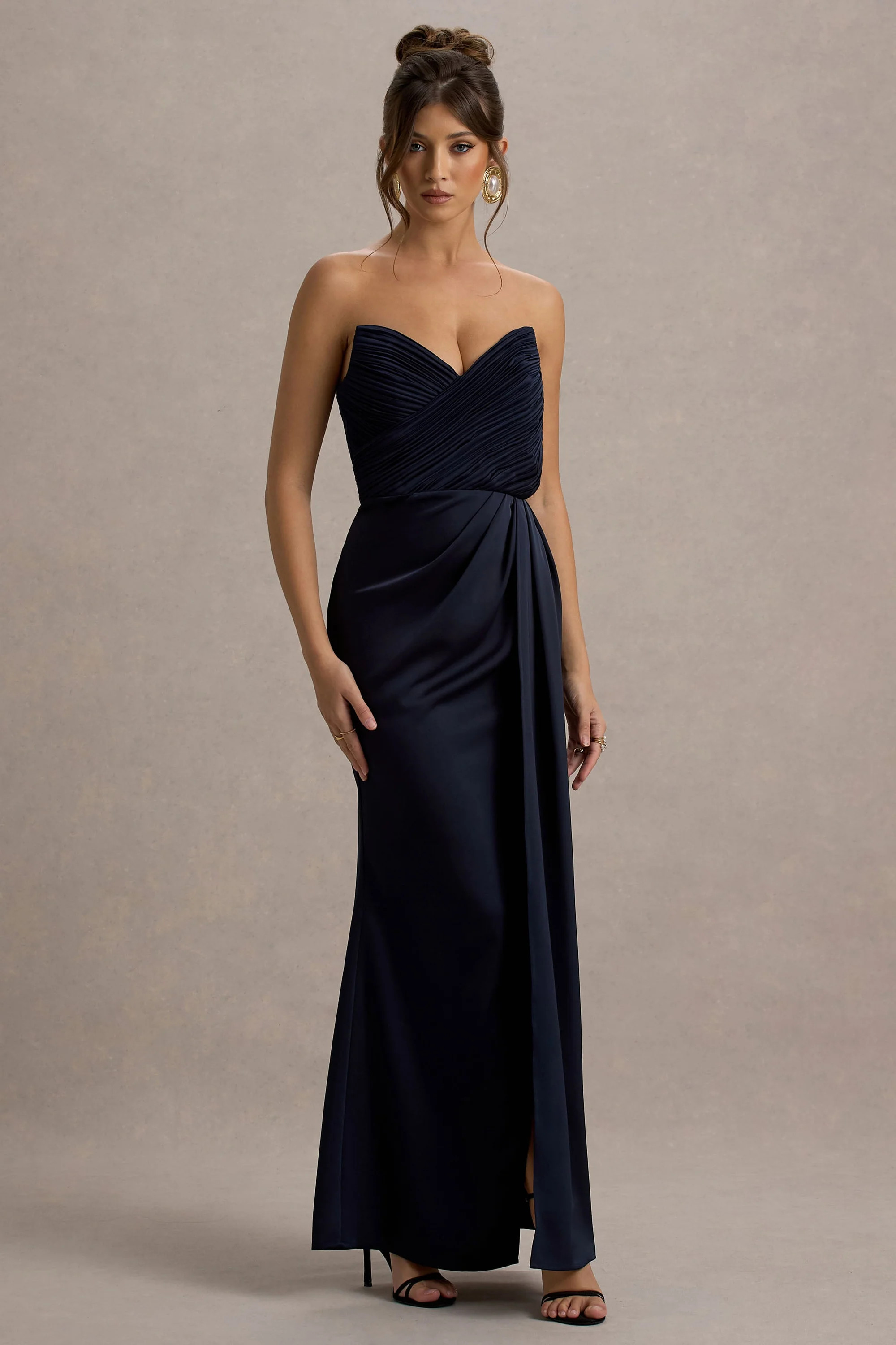 Edel  Navy Satin Strapless Maxi Dress With Drape | Club L London