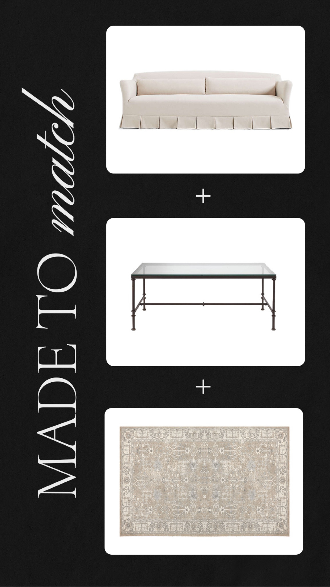 Transitional living room with cream sofa that has a pleated skirt, black metal coffee, table with glass, top, beige cream, and tan rug. #CrateAndBarrel 

#LTKhome