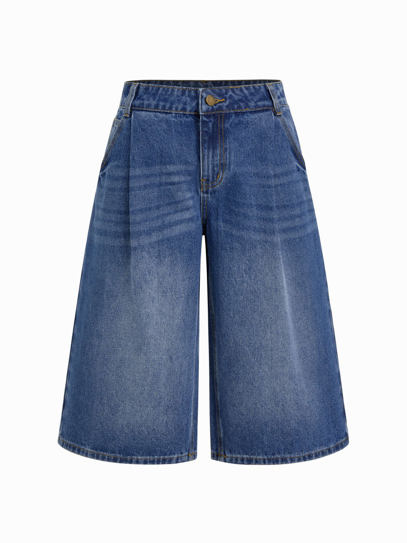 Denim Mid Rise Draped-Metall-Details Wide-Leg Bermuda-Shorts | Cider