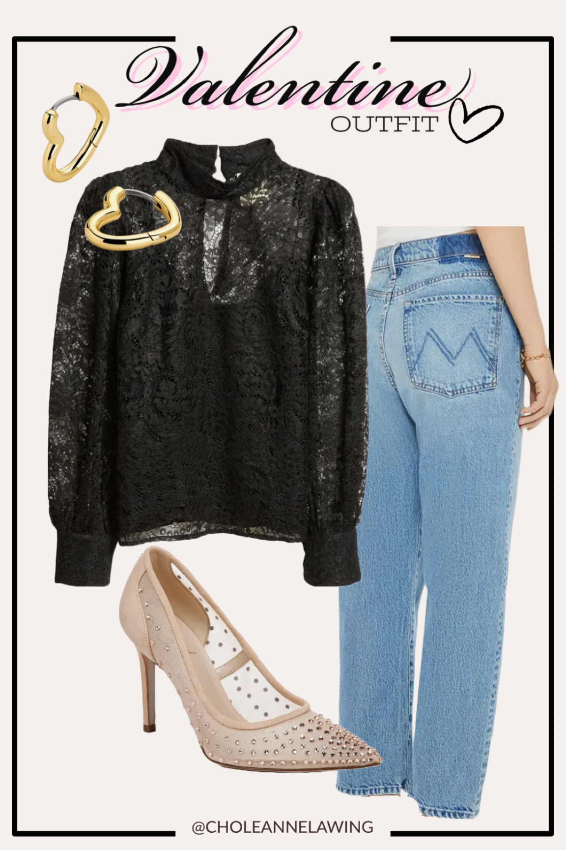 Nordstrom sale. Valentine outfit. Mother jeans. Black lace top. Gold heart earrings. Nude heels. Date night outfit. Galentine outfit. 

#LTKStyleTip #LTKOver40 #LTKSaleAlert