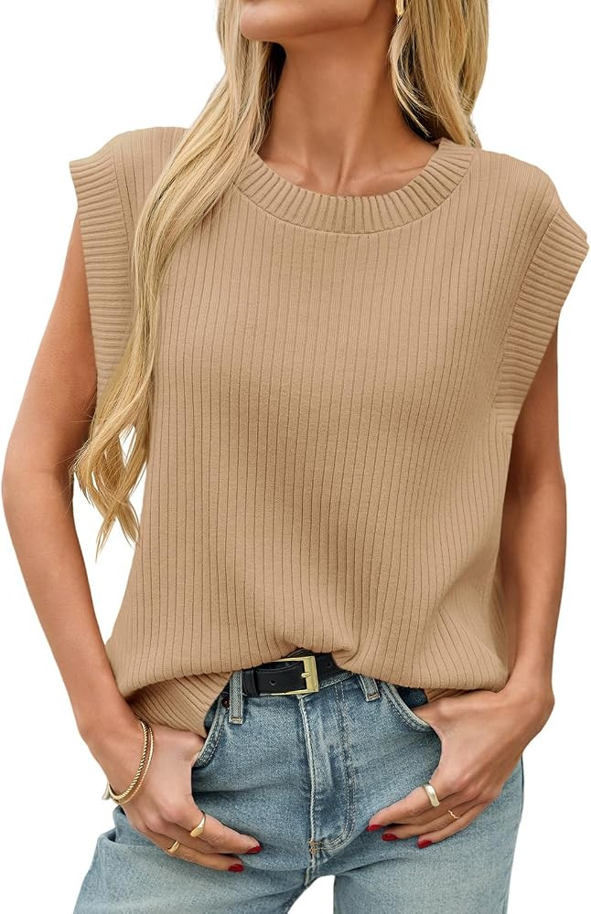 Saodimallsu Womens Crew Neck Sweater Vest Summer Oversized Ribbed Knit Sleeveless Casual Loose Fi... | Amazon (US)