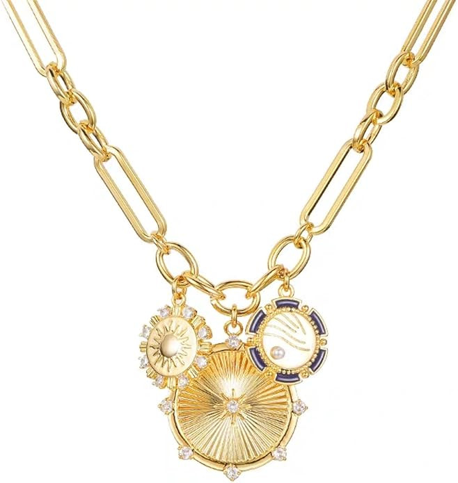 Gold Charm Necklaces for Women, 18K Gold plated Sun Pendant Necklace Chunky Gold Heart Chain Aest... | Amazon (US)