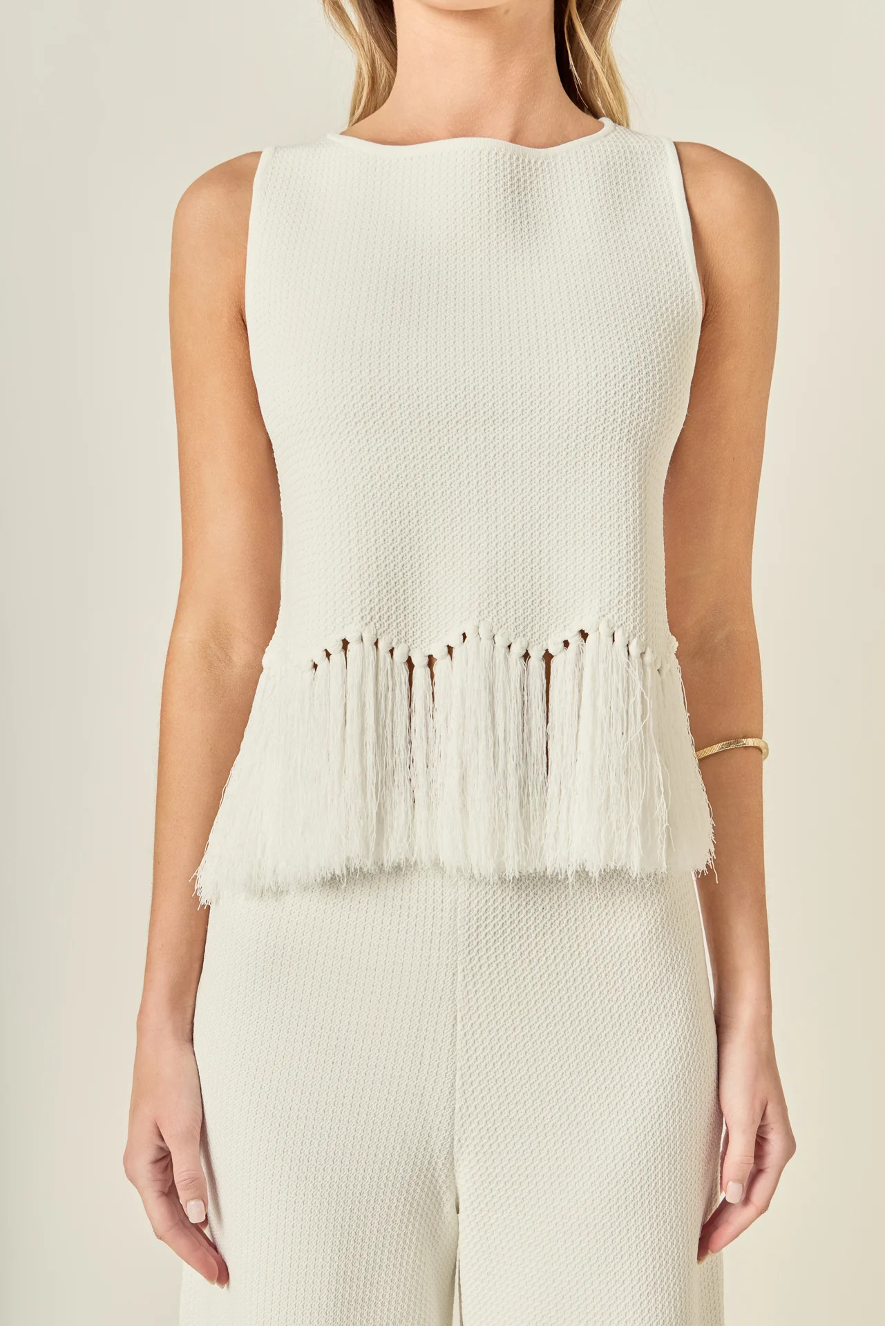 Fringe Detail Sleeveless Knit Top | English Factory