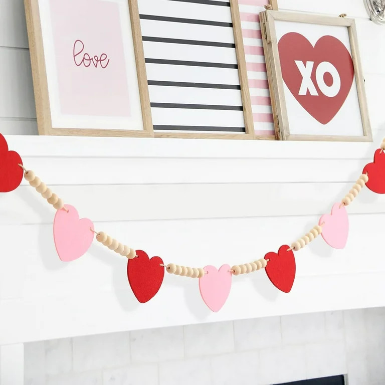 Valentines Day Decor, 1 Pcs Red Pink Felt Heart Wood Beads Garland for Valentines Decorations, Fa... | Walmart (US)