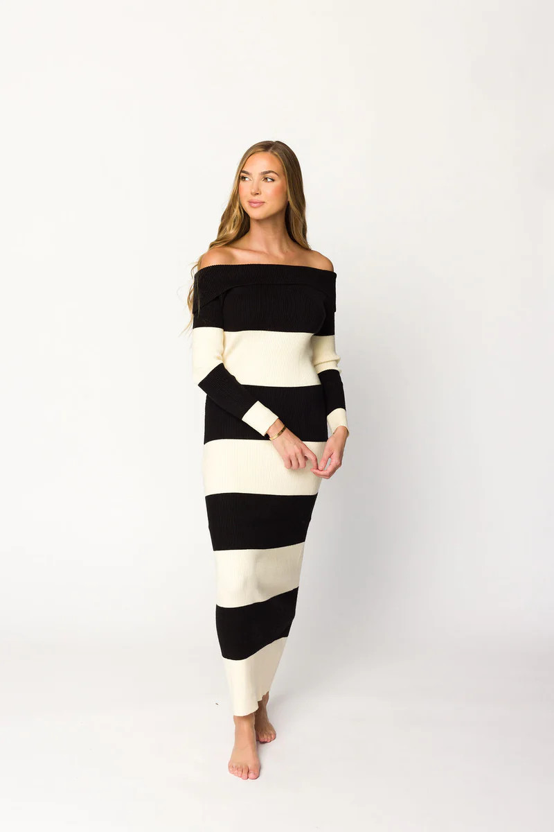 Rowan Off-the-Shoulder Sweater Knit Maxi Dress in Black/Cream | Worth Collective