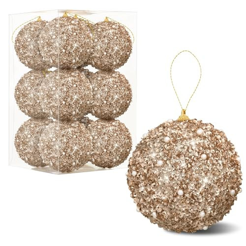 12 Pcs 2.36 Inch Christmas Ball Ornaments Glitter Sequin Ball Large Champagne Christmas Tree Decorations Xmas Hanging Balls for Home New Year Holiday Indoor Outdoor Party Decor (Champagne, 2.36 Inch) | Amazon (US)