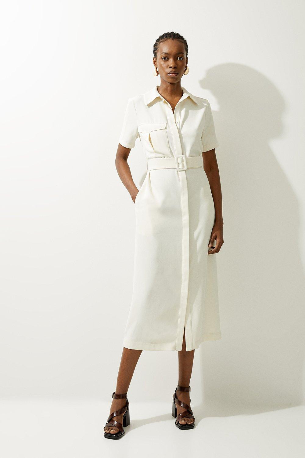 Tailored Crepe Pocket Detail Short Sleeved Belted Midi Shirt Dress | Karen Millen UK + IE + DE + NL