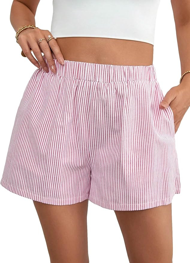 Floerns Women's Striped Print Elastic High Waist Wide Leg Casual Shorts Red and White | Amazon (US)