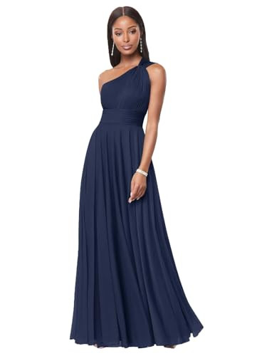 Navy Blue One Shoulder Bridesmaid Dresses for Women A Line Pleated Chiffon Long Formal Wedding Guest Dress with Pockets Custom Size | Amazon (US)