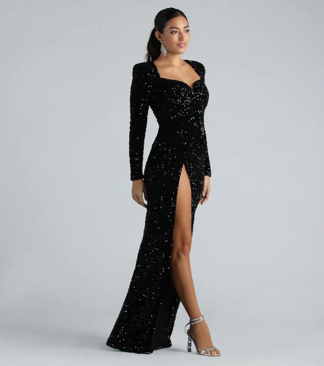 Trina Formal Velvet Sequin Long Sleeve A-Line Dress | Windsor Stores