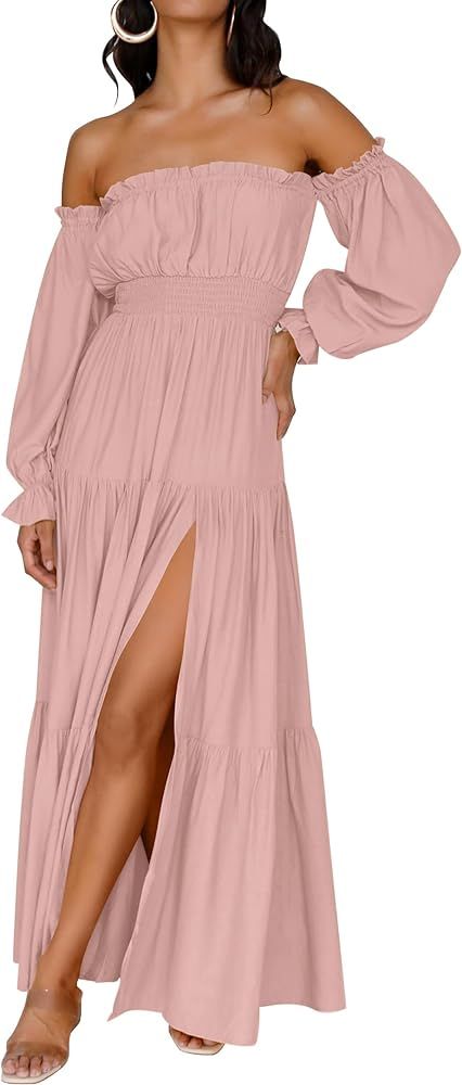 ZESICA Women's 2024 Boho Sexy Off Shoulder Long Sleeve Smocked High Waist Side Split Flowy A Line... | Amazon (US)