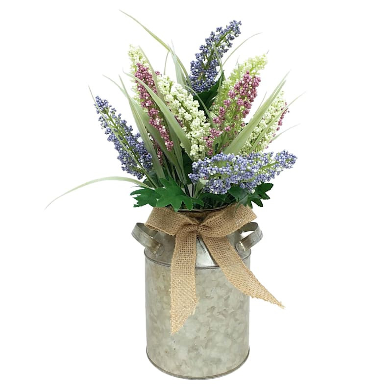 Purple Heather Flowers with Galvanized Metal Planter, 15" | At Home