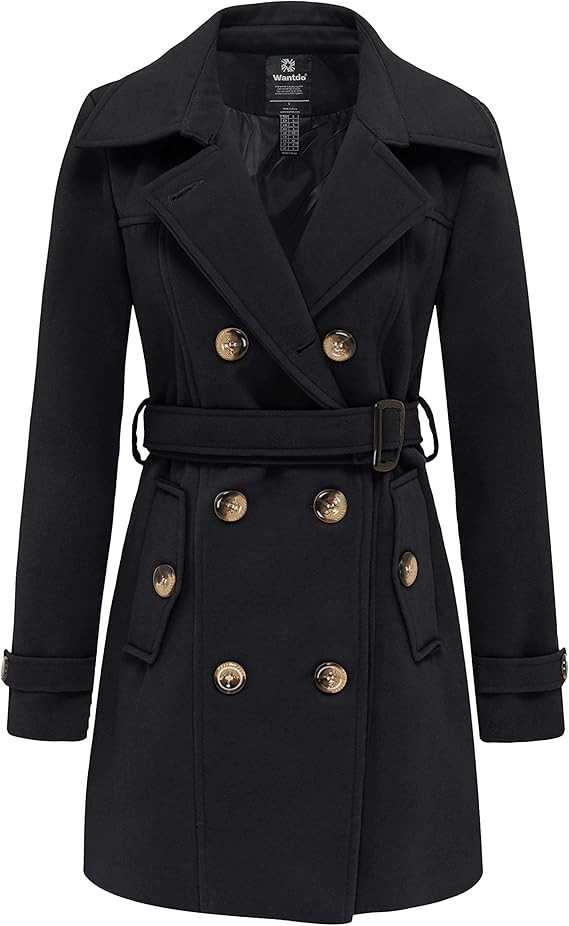 Wantdo Women's Double Breasted Pea Coat Winter Mid-Long Trench Coat with Belt | Amazon (US)