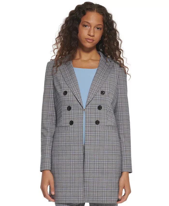 Women's Plaid Peak-Lapel Long Blazer | Macys (US)