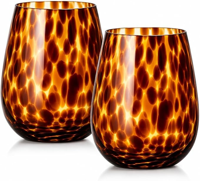 Tortoise Shell Leopard Print Brown 10 oz. Wine Rocks Glasses, 12oz Set of 2 - Stylish Stemless Co... | Amazon (US)