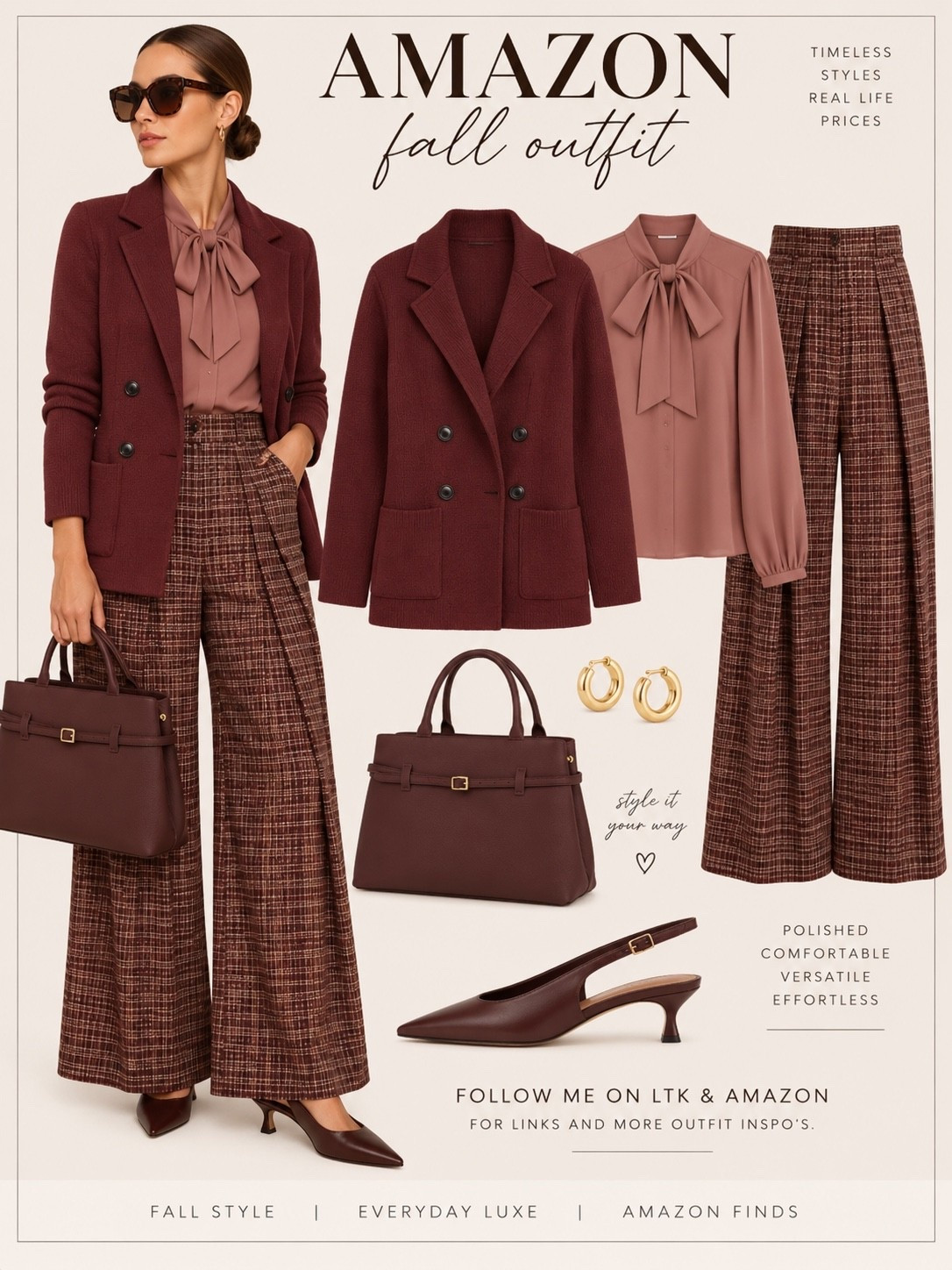 There’s something about a structured cardigan that instantly makes an outfit feel more considered. You get all the ease and comfort of a knit, but with the clean lines of a blazer—easy enough for everyday, yet polished enough to dress up when the occasion calls for it.

I kept the palette tonal with burgundy, rich browns and muted mauve, then brought in the plaid wide-leg pant for a little pattern and texture. The mix keeps the monochromatic story from feeling flat while still looking beautifully cohesive. Add a structured bag and pointed slingbacks, and it’s that sweet spot I’m always after: comfortable, versatile and effortlessly put together. #AmazonFashion #AmazonFinds #AmazonStyle #FallStyle #FallOutfit #FallFashion #Over50Style #Over40Style #ClassicStyle #TimelessStyle #ElevatedBasics #EverydayStyle #PolishedStyle #PlaidPants #BurgundyStyle #LTKFashion #AlexEdit

#LTKootd #LTKOver40 #LTKMidsize