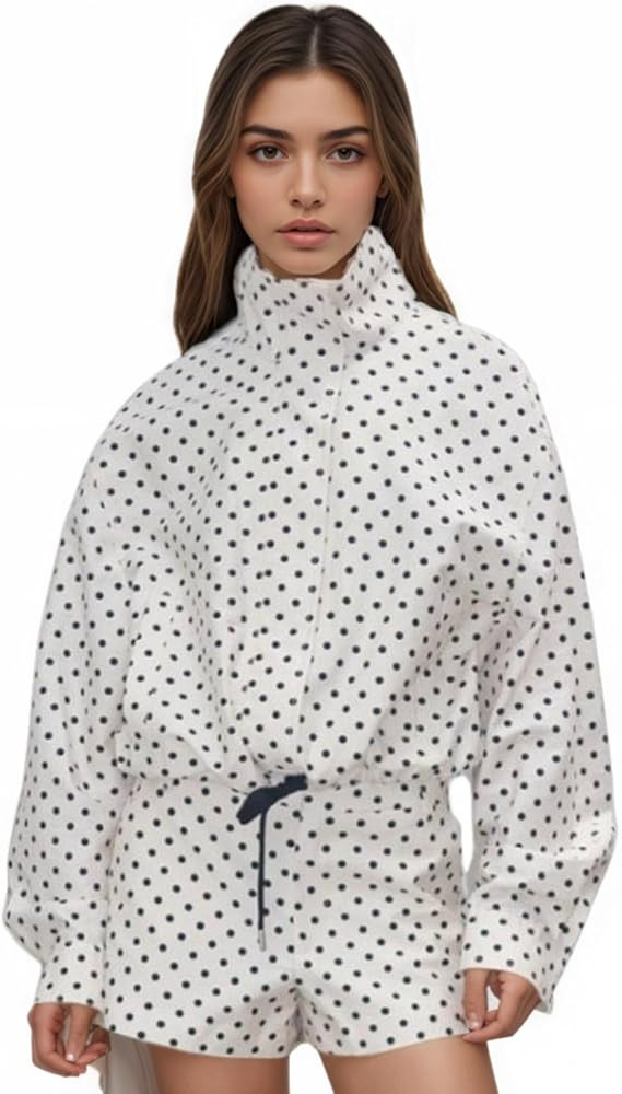 OCUH Polka Dot Jacket Stand Collar Long Sleeve Adjustable Drawstring Hem Jackets Zip Up Casual Cr... | Amazon (US)