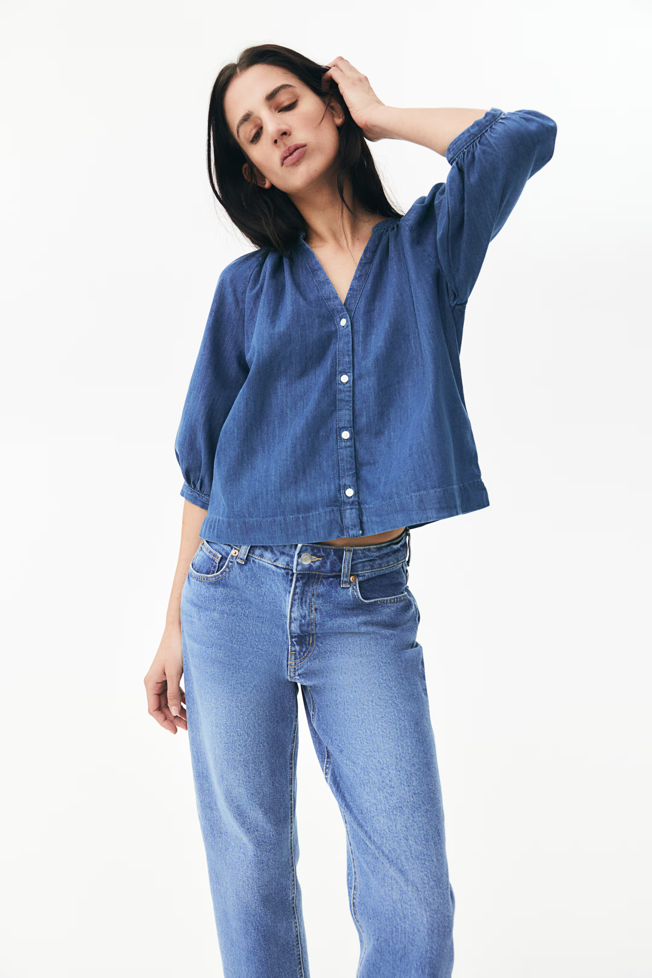 Balloon-Sleeved Denim Blouse | H&M (US + CA)