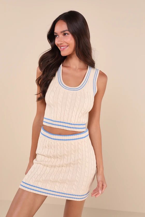 Upscale Crush Beige and Blue Cable Knit Two-Piece Mini Dress | Lulus