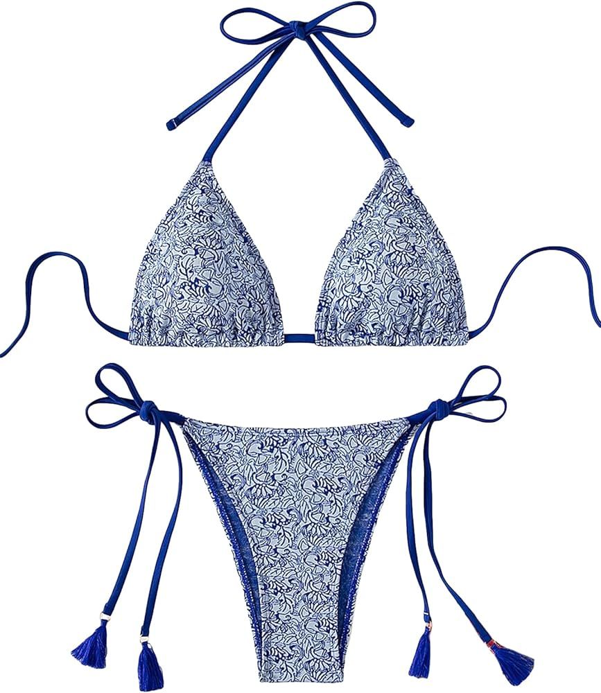 GORGLITTER Women's G String Thong Swimsuit Floral Triangle High Cut Bikini Set Bathing Suit | Amazon (US)