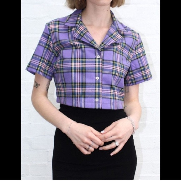 Brandy Melville Vivian Purple Plaid Button Yp Crop Shirt, Small | Poshmark