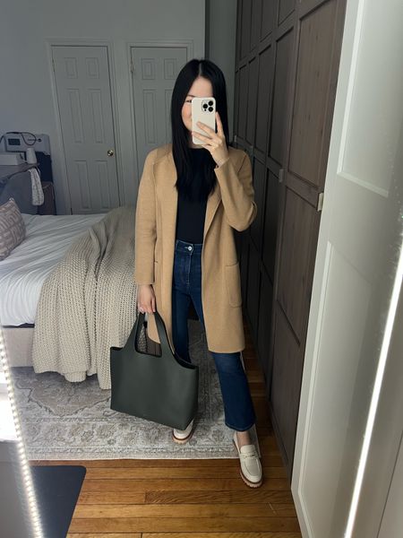 Camel sweater blazer (XXS)
Black mock neck top (XS)
High waisted jeans (4P)
Olive green tote bag 
Cuyana System tote
White loafers (TTS)
White chunky loafers
Smart casual outfit
Business casual outfit
Neutral outfit
Spring work outfit

#LTKstyletip #LTKsalealert #LTKworkwear