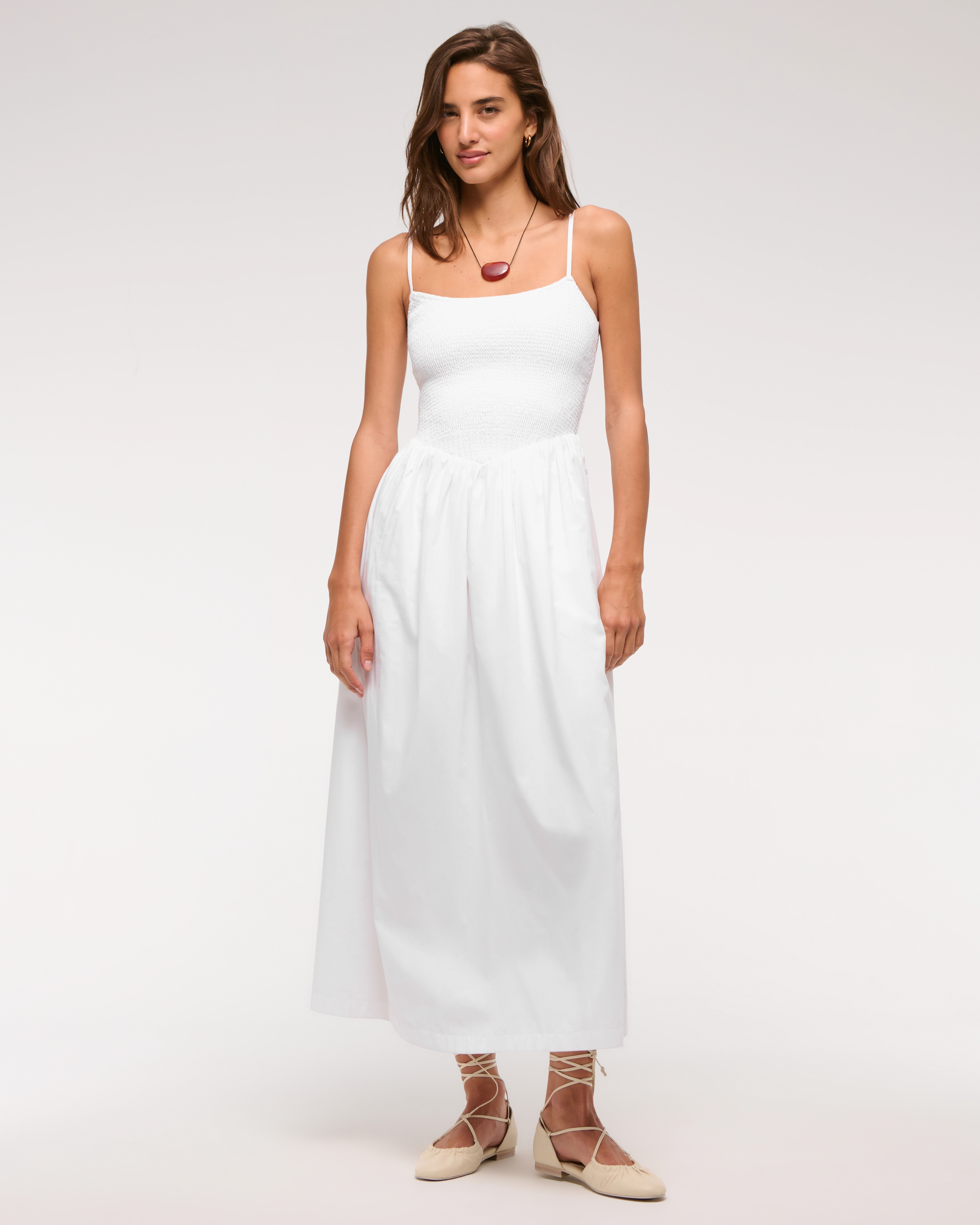 Dipped-Waist Smocked Midi Dress | Abercrombie & Fitch (US)