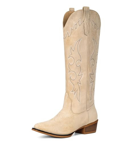 Fioralie Suede Cowboy Boots for Women Knee High Western Cowgirl Boots Pointed Toe Low Heel Classic Embroidered Boot | Amazon (US)