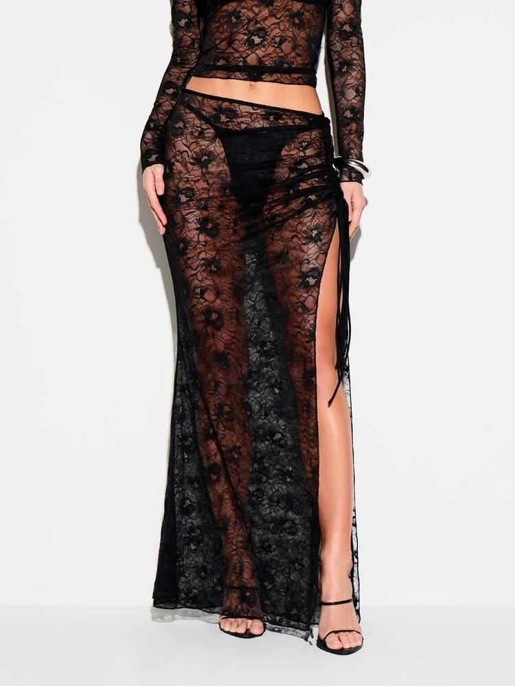 KIZN Women's Black Lace Sheer Maxi Skirt With Side Split High Waist Bodycon Long Skirt Evening Pa... | SHEIN