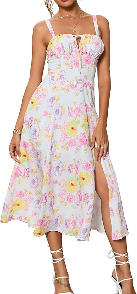 Floral Midi Corset Dress Boho Flowy Slit Lace Up Dresses for Women Going Out A Line Casual Sundre... | Amazon (US)