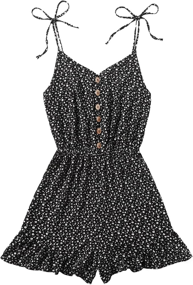 SheIn Women's Tie Shoulder V Neck Floral Print Elastic Waist Cami Romper | Amazon (US)