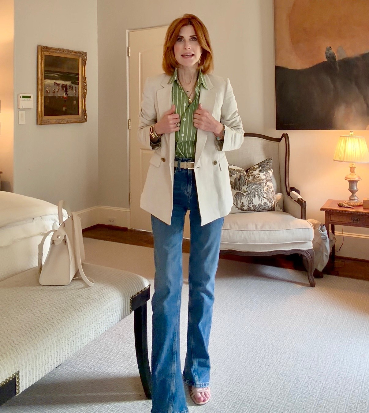 Spring lunch outfit date look.Wearing an xs in shirt and blazer and 24 in jeans. 

#LTKootd #LTKWorkwear #LTKOver40