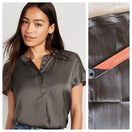 Old Navy satin blouse = a decent option for #softautumn “best version of black” on the cover of soft Autumn fan. It is a very warm dark grey color. Slightly lightweight than the best black.