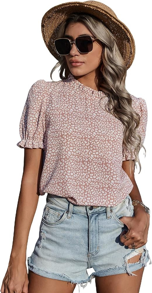 MakeMeChic Women's Allover Print Puff Sleeve Mock Neck Blouse Top Pink M at Amazon Women’s Clot... | Amazon (US)