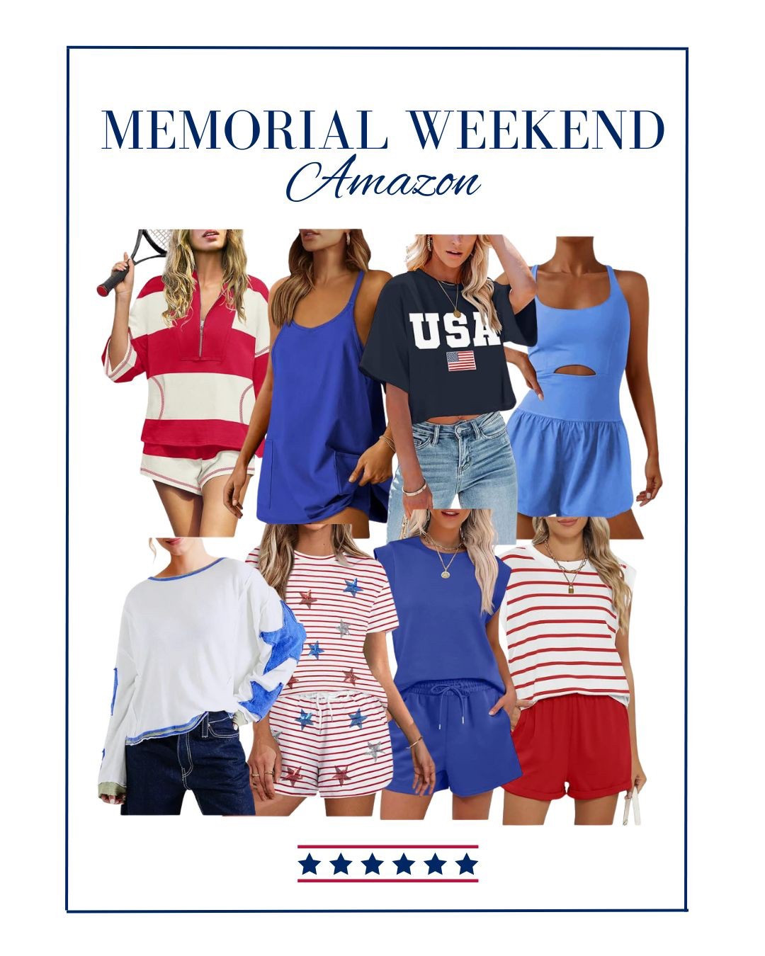 Memorial Day outfit 
Fourth of July outfit 
Red white and blue 
Stars and Stripes 
Womens summer outfit 
Memorial weekend 
Amazon women’s sets 

#LTKStyleTip #LTKFindsUnder50 #LTKSeasonal