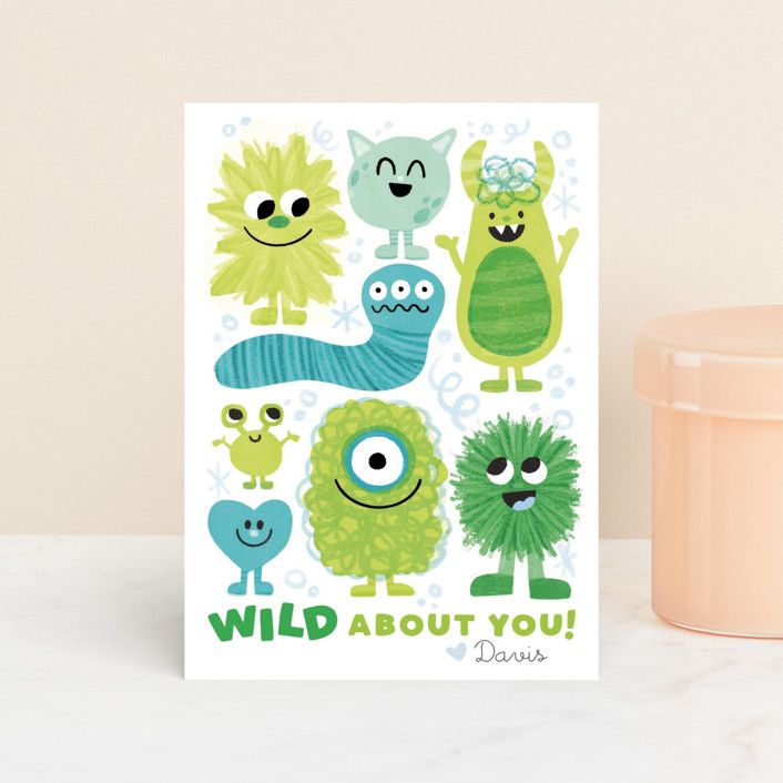"Wild Monsters" - Customizable Classroom Valentine's Cards in Green by Jessie Steury. | Minted