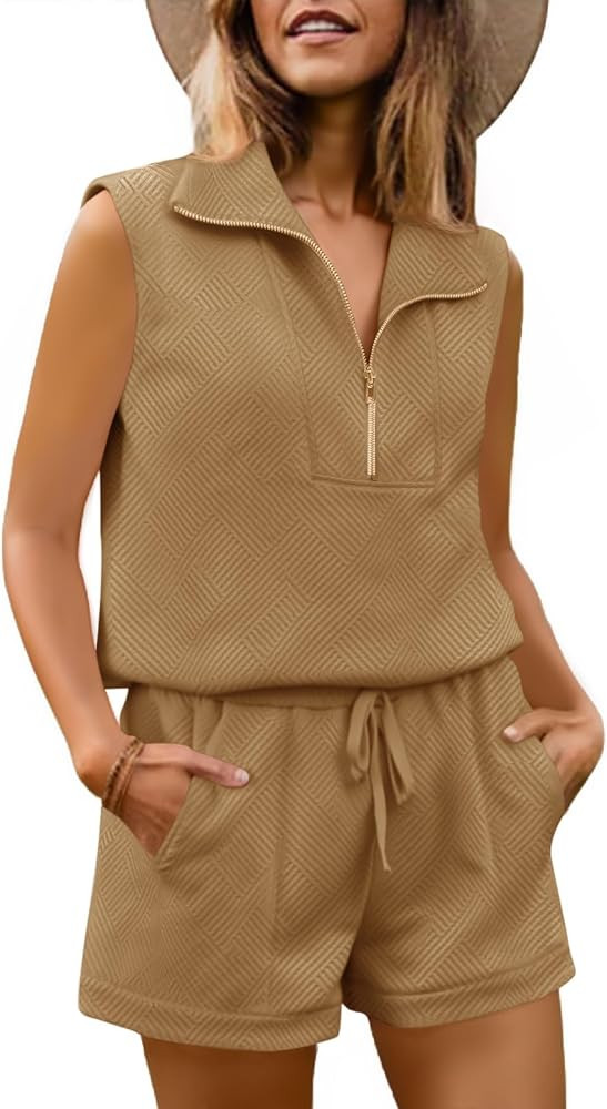 Womens 2 Piece Outfits Short Sets Half Zip Sleeveless Tops and Drawstring Shorts Loungewear Sweat... | Amazon (US)