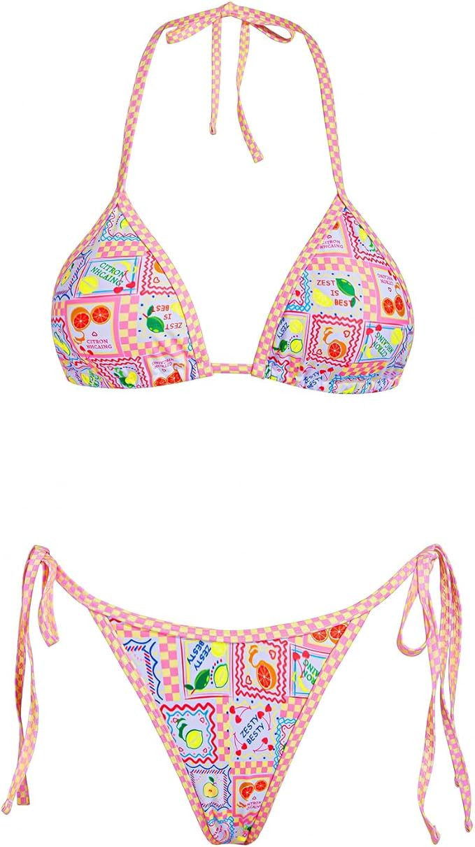 VOLAFA Women's Triangle Bikini Set String Swimsuit Print Tie Smocked Ruched Two Piece Bathing Sui... | Amazon (US)
