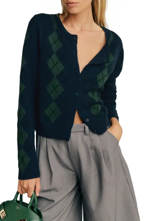 Reformation Clara Cashmere Crew Cardigan in Navy Multi Argyle at Nordstrom, Size X-Large | Nordstrom