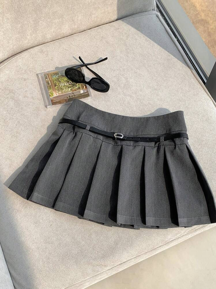 Comfortcana Donkergrijze Geplooide A-Lijn Rok, Minimalistisch En Modieus Voor Casual Dagelijkse Kleding | SHEIN