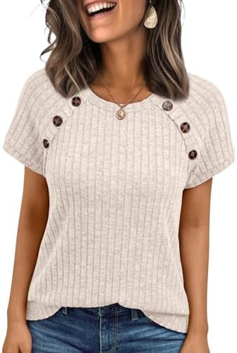 AUTOMET Women's Soft Ribbed Knit Blouses with Decorative Buttons Short Sleeve Work Tops Business ... | Amazon (US)