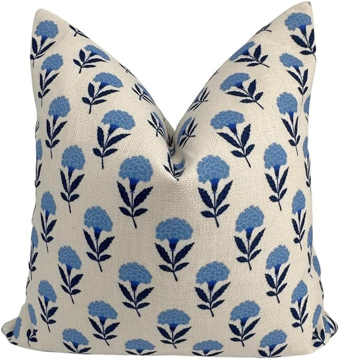 Jillien Harbor Charlotte Blockprint Pillow Cover Coastal Grandmillennial Style Blue & White | Amazon (US)