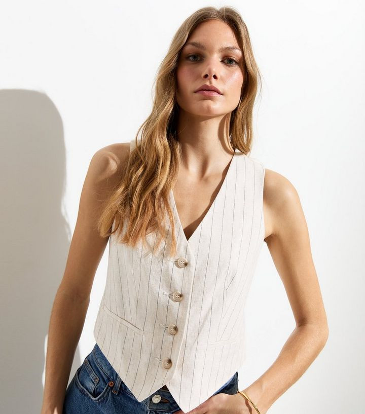 Off White Stripe Linen-Look Waistcoat | New Look | New Look (UK)