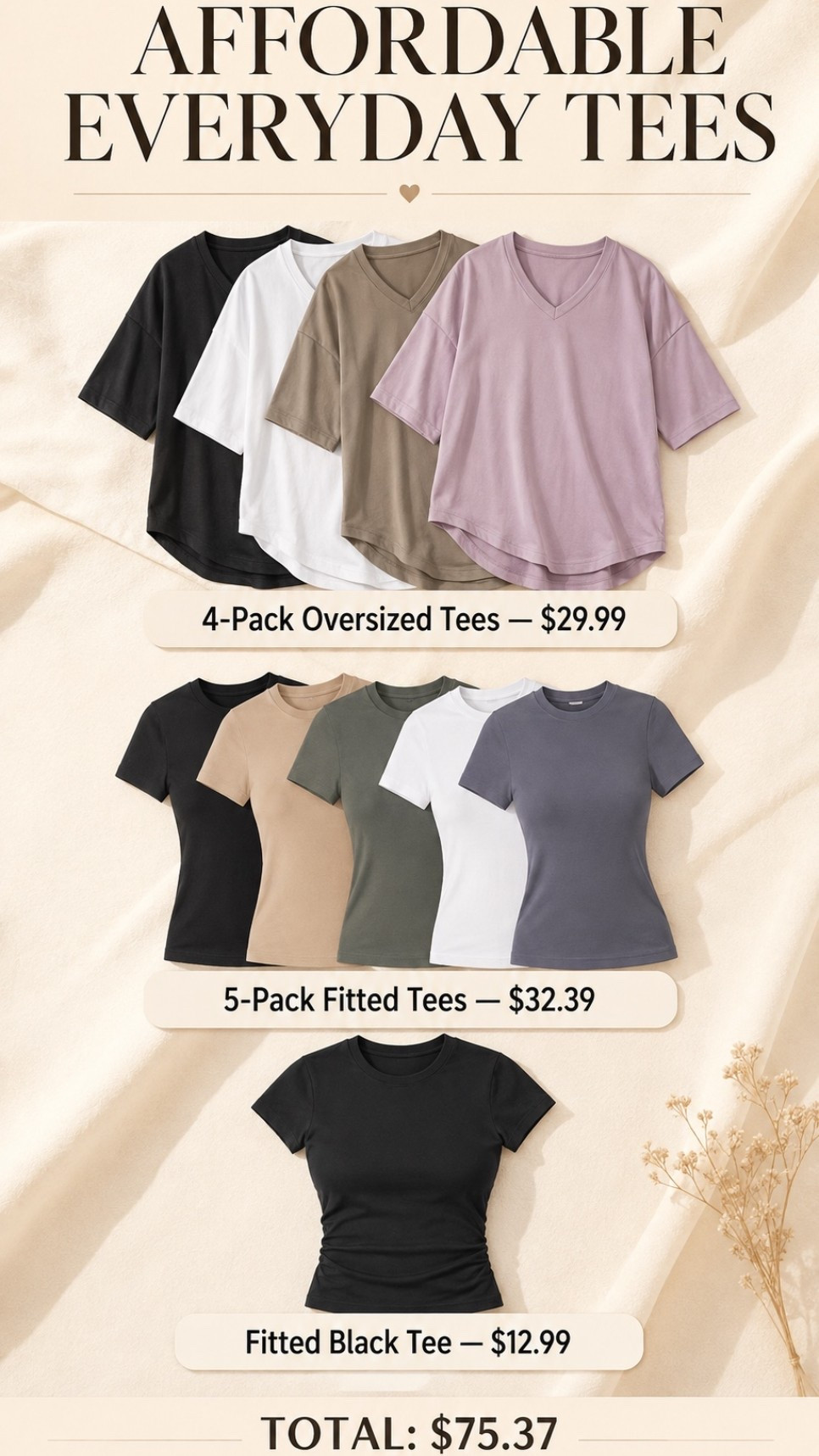 The ultimate everyday T-shirts for effortless style 🤍 Soft, versatile, and budget-friendly, these basics can take you from lounging at home to running errands, layering your favorite looks, or getting in a workout.

4-Pack Oversized Tees — $29.99 ($7.50 each)
5-Pack Fitted Tees — $32.39 ($6.48 each)
Fitted Black Tee — $12.99

That’s 10 versatile T-shirts for just $75.37 ✨ Build your everyday wardrobe without overspending!

Shop the T-shirts through the links in this post!

#LTKStyle #LTKUnder100 #AmazonFashion #AffordableFashion #EverydayStyle #BasicTees #CasualOutfits

#LTKdayinmylife #LTKmomlife #LTKSaleAlert