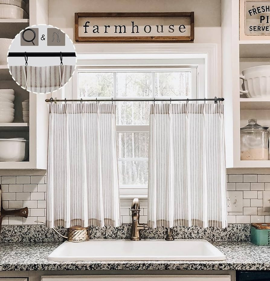 Farmhouse Kitchen Curtains,24 Inch Length Taupe Striped Pinch Pleat Curtains,Rustic Cabin Curtain... | Amazon (US)