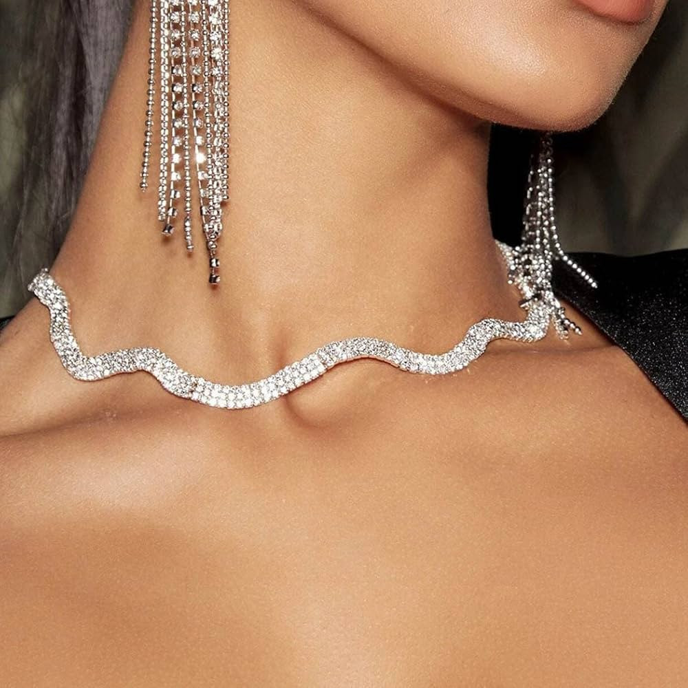 Chennie Rhinestone Choker Necklace Silver Crystal Necklaces Fashion Water Ripple Clavicle Chain P... | Amazon (US)