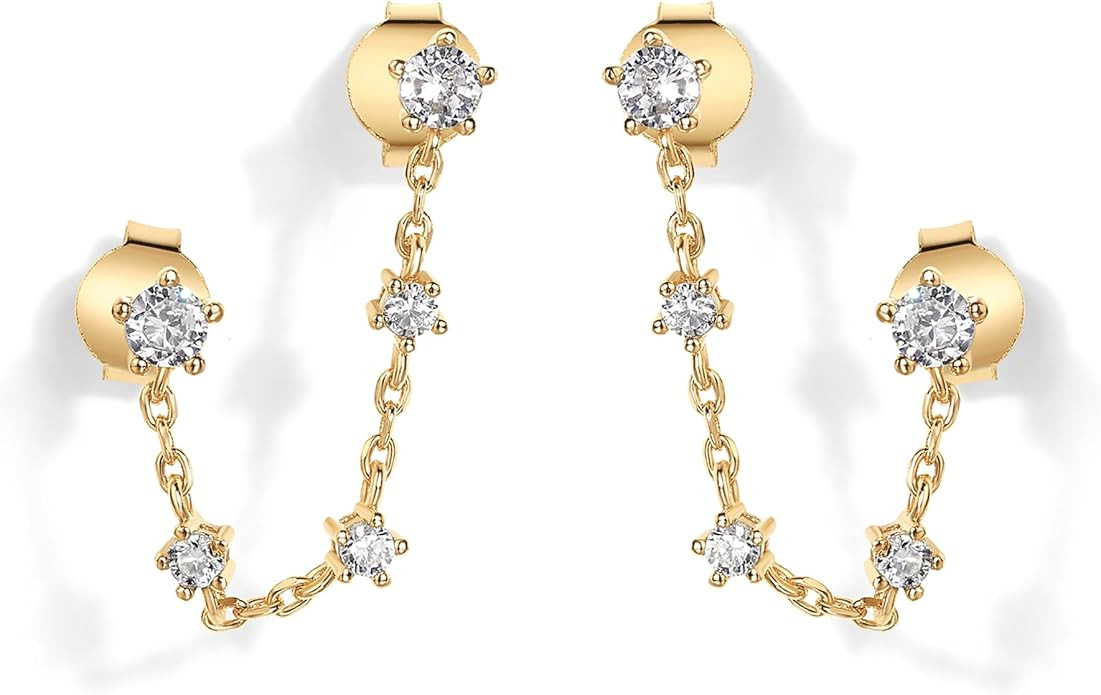 PAVOI 14K Gold Plated Delicate CZ Chain Earrings for Women - Double Piercing Dangle Chain Studs -... | Amazon (US)