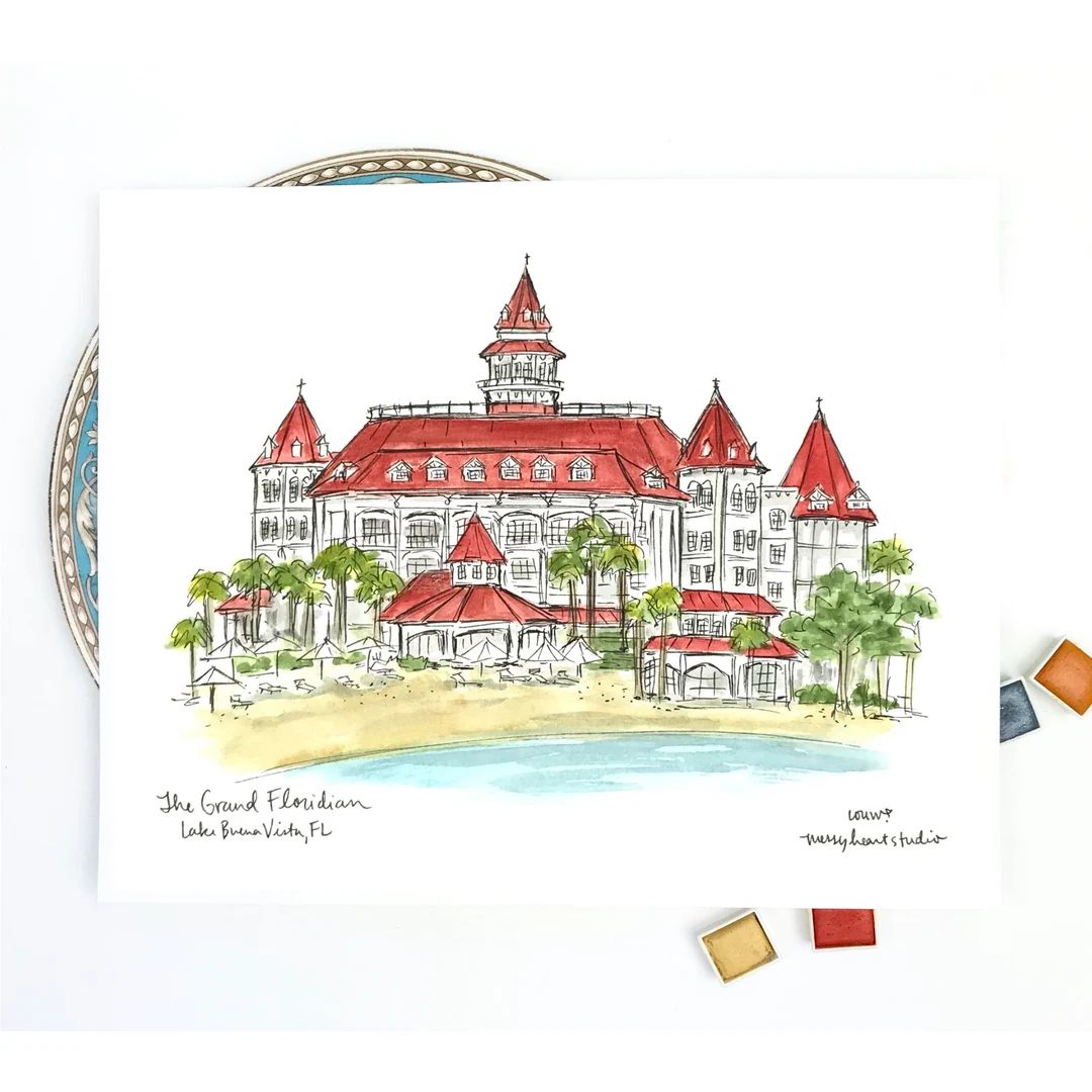 The Grand Floridian Watercolor and Ink Illustration, Personalized Gallery Wall Art, 8x10 Print - ... | Etsy (US)